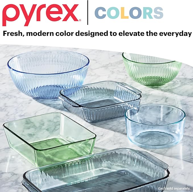 Pyrex Colors (2-Pack) Sculpted Tinted Small/Medium Glass Mixing Bowls With Plastic Lids, Nesting Space Saving Set of Bowls For Prepping and Baking, 1.3QT & 2.3QT