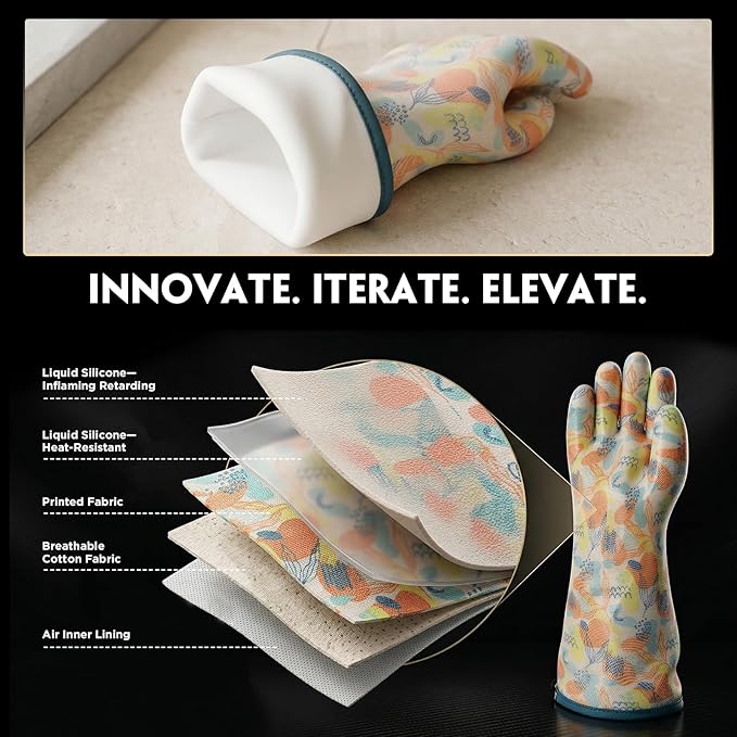 Oven Mitts with Fingers Heat Resistant Thickened Silicone Coating Cotton Liner Food Grade Waterproof Graffiti-Art Printing XLarge