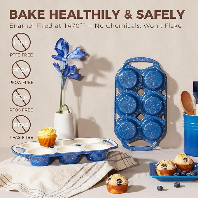 HONGBAKE Everline Collection Enameled Cast Iron Muffin Pan, Non Tocix Naturally Muffin Tin 6, Non Stick Cup Cake Pans for Baking, Oven & Stovetop Safe, Standard Size, 2 Pack, Blue