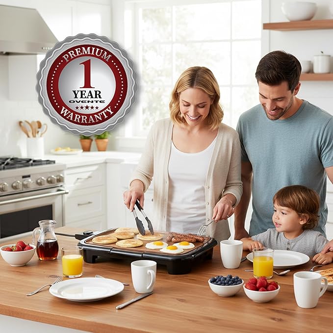 OVENTE Electric Griddle with 16 x 10 Inch Flat Non-Stick Cooking Surface, Removable and Adjustable Temperature Control, Indoor Grill for Instant Breakfast, Pancakes, Eggs or Burgers, Copper GD1610CO