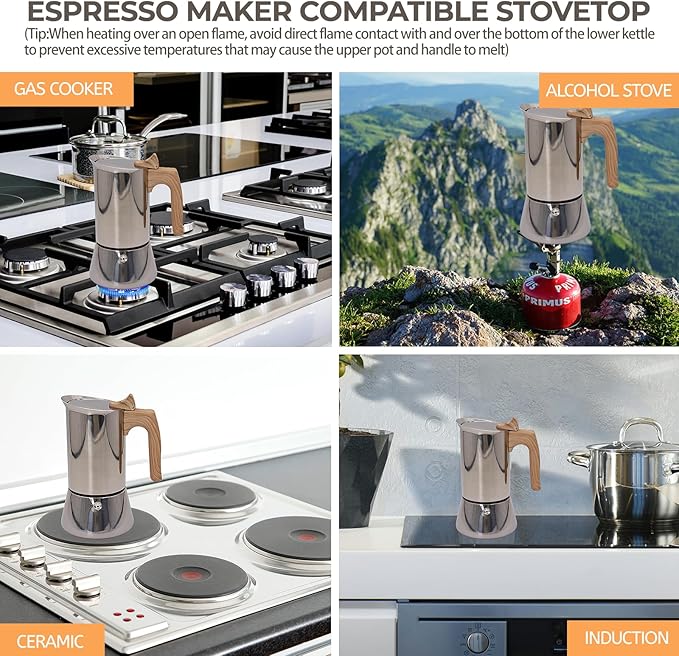 Uncoated 4 Cup Moka Pot 304 Thickened Stainless Steel Coffee Maker Stovetop Espresso Coffeemaker Italian Classic Style Brewing Greca Cafe Mocha Machine for Cafeteras Camping Travel Home 200ml 6.6oz