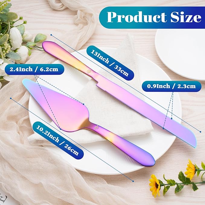 Eisinly Cake Cutting Set for Wedding, Elegant Cake Knife and Server Set with Thickened Stainless Steel Rounded Edges, Cake Cutter and Pie Spatula for Birthday Anniversary, 2 Pcs, Multipurple