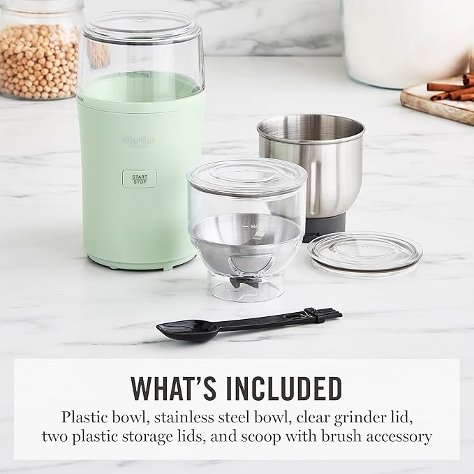 Martha Stewart Electric Coffee & Spice Grinder, Dual 2.5oz Removable Bowls, Storage Lids, Stainless Steel Blades, One Touch Pulse Control, 2-in-1 Compact, Beans & Spices, Herbs & Nuts, Honeydew Green
