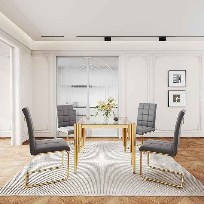 AF ARTISAN FURNITURE 37'' Square Glass Dining Table Set for 4, Kitchen Table Chairs Set of 4, Clear Gold Glass Dining Tables with Stainless Steel Legs, 4 Grey PU Dining Chairs, Living Room, Kitchen