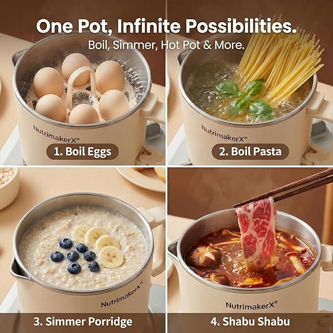 Electric Hot Pot, 0.8L Mini Portable Ramen Cooker for Shabu Shabu, Soup, Oatmeal. Rapid Heating Electric Pot for Dorm Room & Quick Meals. Dual Power Control, Stainless Steel Interior.