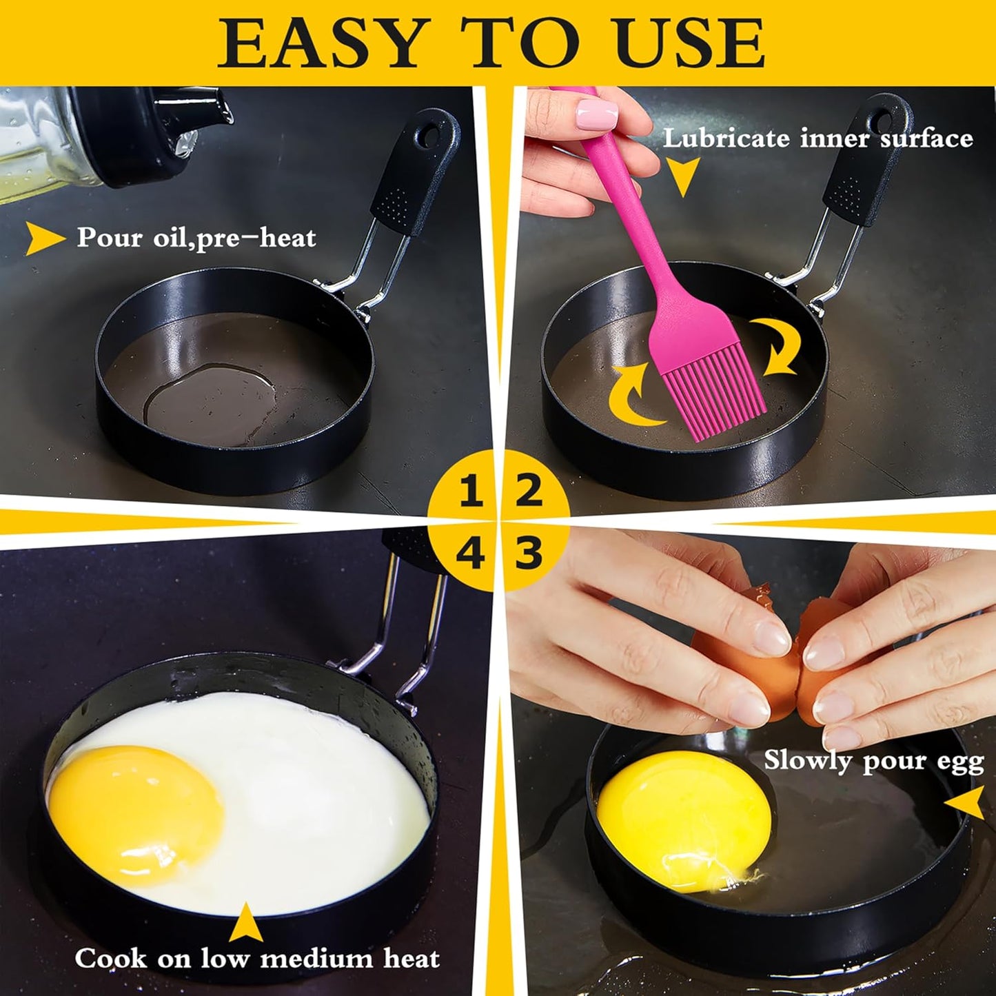 2 packs 3.5'' Egg Rings Set with Silicone Handle, Stainless Steel Egg Cooking Rings,Nonstick，For Frying Eggs and Egg Mcmuffins, Egg Mold For Breakfast