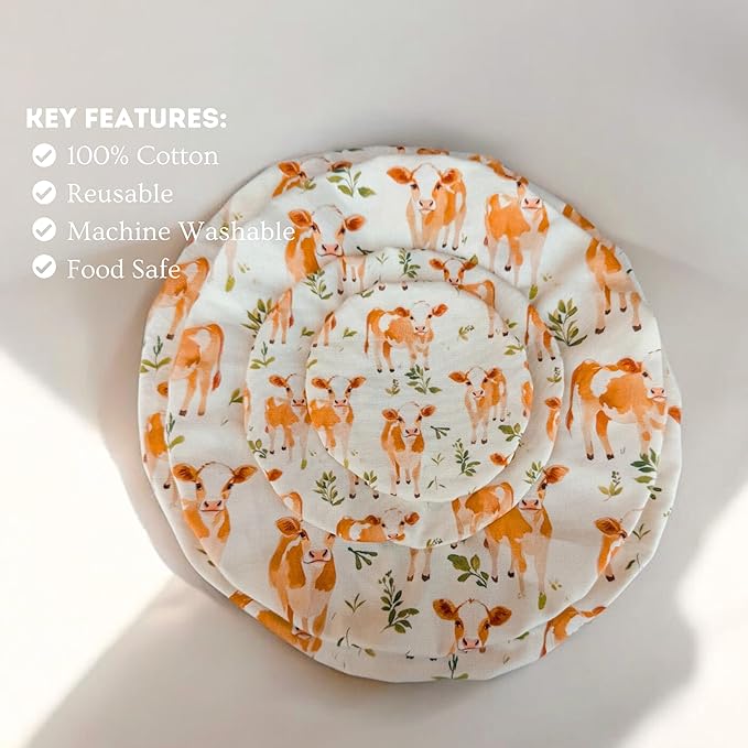 (4-Pack) Sourdough Reuseable Jar & Bowl Covers | Cute Baking Gift | 100% Cotton | Washable | Bread Proofing | Kitchen Food Storage Gifting | Starter Cover Lid Kit (Jersey Cow)
