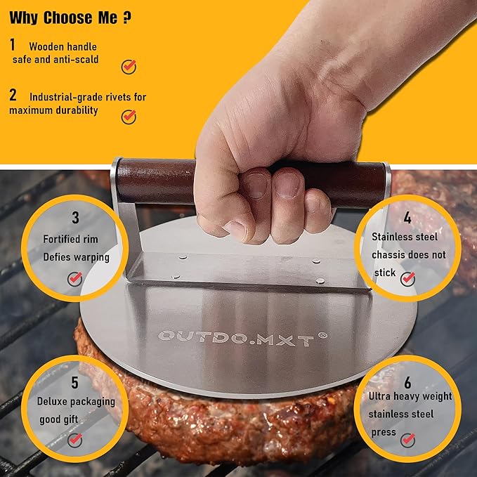 Stainless Steel 8.5" Smash Burger Press, Heavy Duty 2.5lb Burger Smasher with Wooden Handle and Velvet Fabric Storage Bag for Griddle,Grill Press for Hamburger, Bacon,Barbecue Grilling Tool