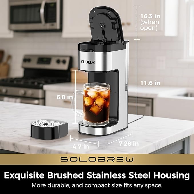 CHULUX SoloBrew Single Serve Coffee Maker, for K Cup and Ground, 3 Brew Sizes with Strong Button & Over Ice Feature, 14oz Removable Reservoir, for Home, Travel, RV, Office and Dorm