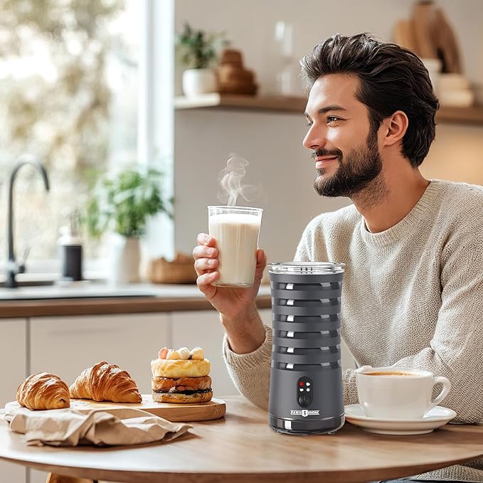 Milk Frother, Paris Rhône 4-in-1 Milk Steamer and Frother, Hot & Cold Foam Milk Warmer with Temperature Control, Auto Shut-Off Frothers for Coffee, Latte, Cappuccino, Macchiato, Grey