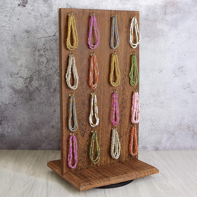 Ikee Design 2 Pcs Wooden Rotating Two-Sided Jewelry Display Stand, Rotating Organizer with 32 Hooks for Store, Keychain Earring Display with Hooks, Brown color, 9 W x 7.5 D x 16.5 H in