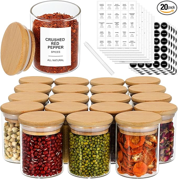 EgticHome 4OZ Glass Spice Jars with Bamboo Lids and 315 Labels, 20 Pcs Clear Food Storage Containers for Kitchen Sugar Salt Coffee Tea Beans