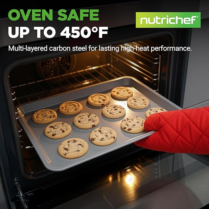 NutriChef 2-Piece Large & Medium Cookie Sheets for Baking - Non Stick Baking Sheet for Cookies, Sheet Cakes & Roasting - Dishwasher Safe - Gray
