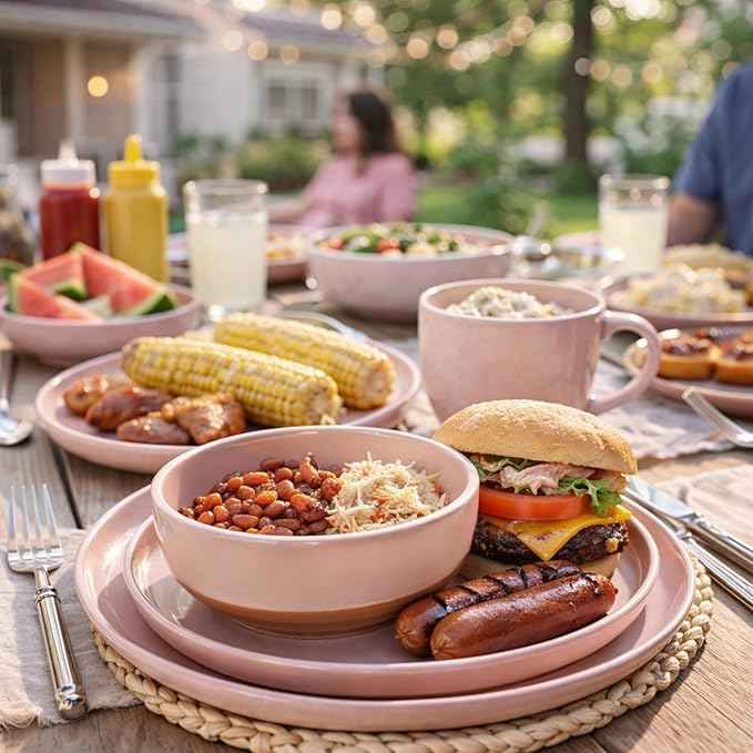AmorArc Ceramic Dinnerware Sets for 4, 12 Pieces Handpainted Plates and Bowls Set with Rustic Terracotta Underside, Scratch Resistant Stoneware Dishes Set, Dishwasher & Microwave Safe, Cloud Pink