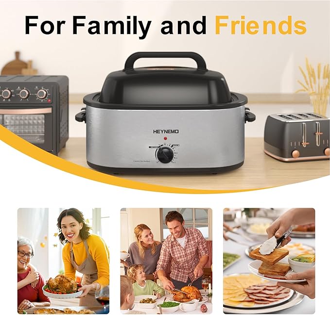 24QT Electric Roaster Oven, Electric Turkey Roaster with Viewing & Self-basting Lid, Stainless Steel Turkey Roaster Oven, Silver