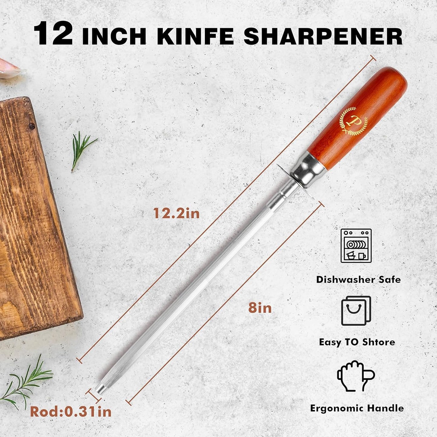 Knife Sharpener Rod, Kitchen Knives Sharpener Carbon Steel Professional Knife Sharpening Steel, Honing Rod with Hanging Holes (13 inches), P