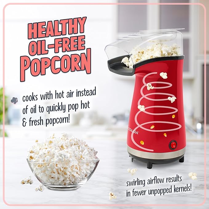 Nostalgia Air Popper Popcorn Maker – 16 Cups Oil-Free Pop Corn – Includes 4-oz Measuring Cup – Perfect for Family Movie Nights – Red