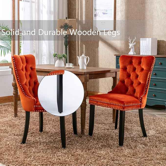 Velvet Dining Chairs Set of 6, Upholstered Dining Room Chairs with Back Ring Pull Trim and Solid Wood Legs,Tufted Wingback Kitchen Chair Perfect for Dining Room,Living Room,Kitchen(Orange)