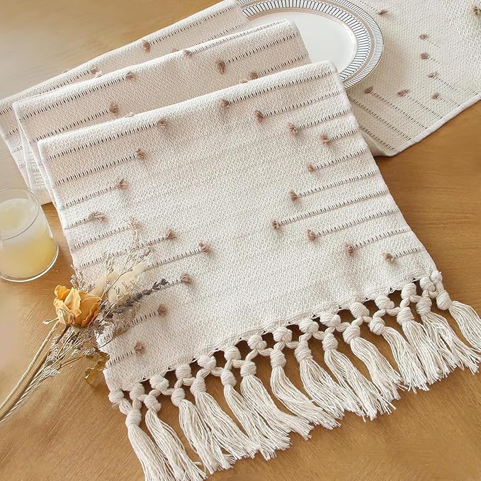 FEXIA Boho Table Runner with Tassels 72 Inches Long for Home Decor Room Decor Farmhouse Rustic Macrame Table Runners for Dining Bedroom Bridal Shower(12x72 Inches)