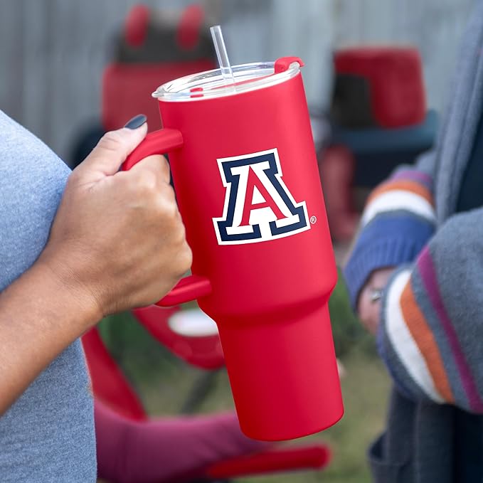Logo Brands NCAA 40 oz Tumbler with Handle -Stainless Steel Insulated Travel Tumbler with Straw Lid – Powder Coated, Leak-Resistant, Keeps Drinks Hot/Cold – Great for Tailgating, or Everyday Use
