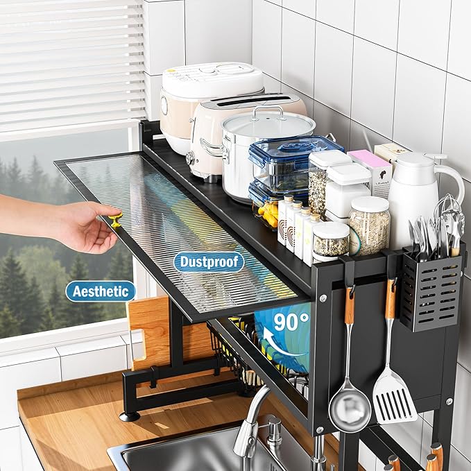 SNSLXH 𝐋𝐚𝐫𝐠𝐞 2-Tier Over The Sink Dish Drying Rack, 33.66"×31.1"×11.81", Large Sink Rack for Kitchen, Saving Kitchen Space, Cover Design Holds Dishes, Bowls, and Cutlery, Kitchen Sink Shelf