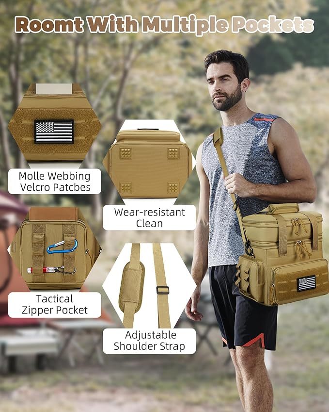 holuxer Tactical Lunch Bag & Lunch Box for Men - Large Double Deck Expandable Insulated Soft Adult Lunchbox for Work - Cooler Bag for Beach, Picnic, Camping,Outdoor，Travel (Brown,16L)