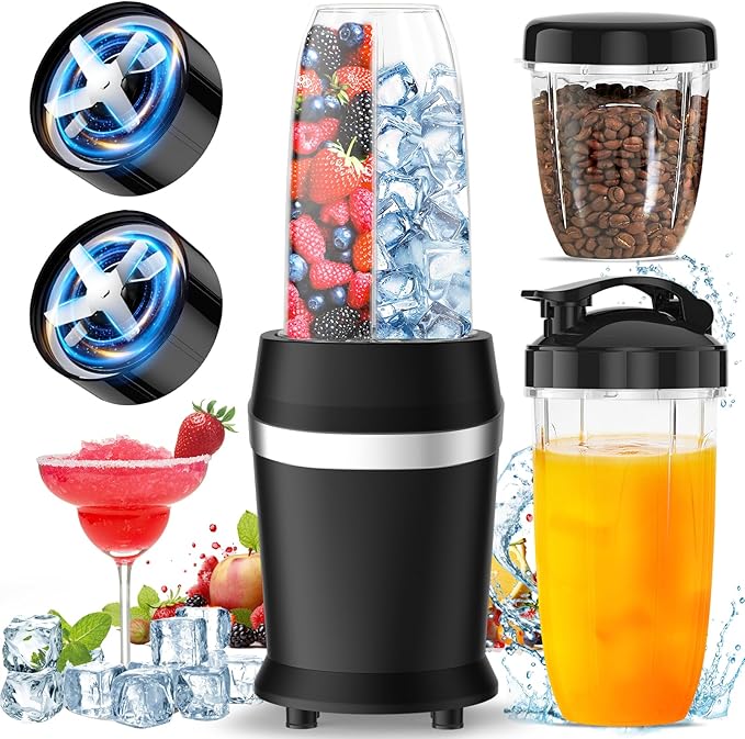 Colarlemo 12-Piece Smoothie Blender Maker 25,000 RPM Personal Blender for Ice Crushing Smoothies & Frozen Drinks Nuts with 23oz, 32oz, 37oz Portable Cups Two 6-Leaf Stainless Steel Blades, Sand Black