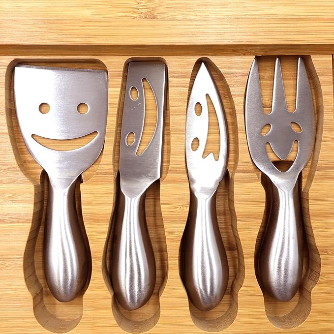 Sarolta Homewares Bamboo Cheese & Sushi Cutting Board and Platter with Brushed Stainless Steel Cutlery Set - 10 Sets