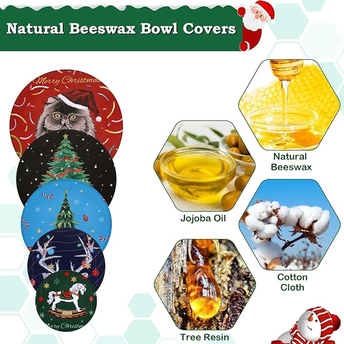 5-Size Reusable Beeswax Bowl Covers for Bread Proofing, Cotton Cloth Flexible Beeswax Wraps for Food Storage (Santa Kitty)