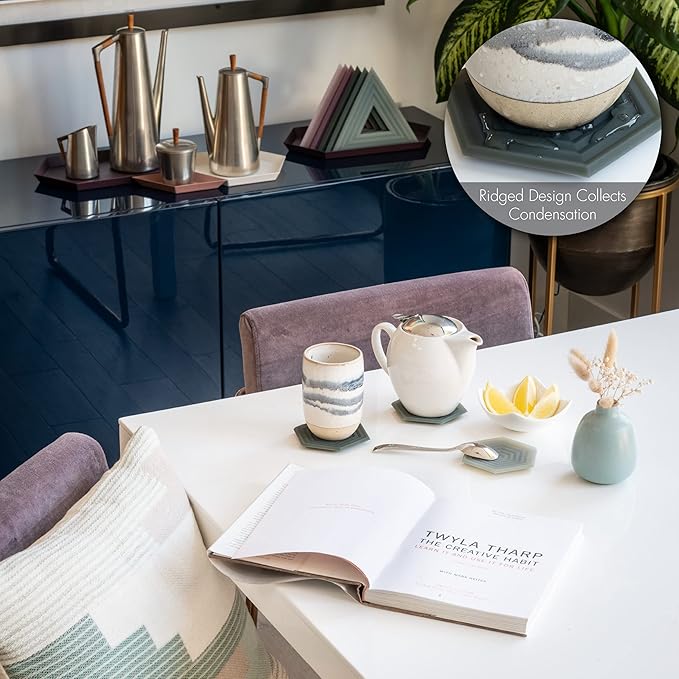 LINE+ARC Extra Thick Silicone Coasters (As Seen in NYTimes WireCutter) Waterproof Anti-Stain Heat-Safe Dishwasher-Safe Degrē Coasters (Set of 6, Indigo Wash) Outdoor Rubber Mid-Century Modern