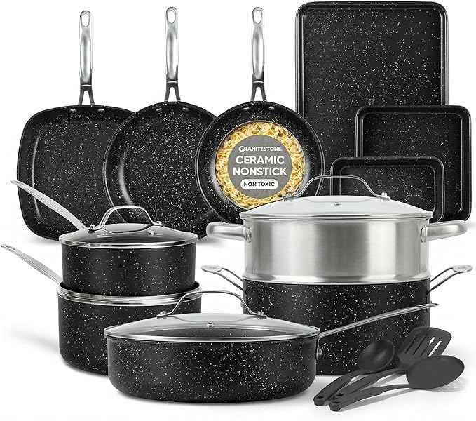 Granitestone 20 Piece Ceramic Nonstick Pots and Pans Set, Cookware and Bakeware Set with Utensils & Steamer, Diamond Reinforced, Non Toxic PFOA PFOS Free, Oven & Dishwasher Safe, Black