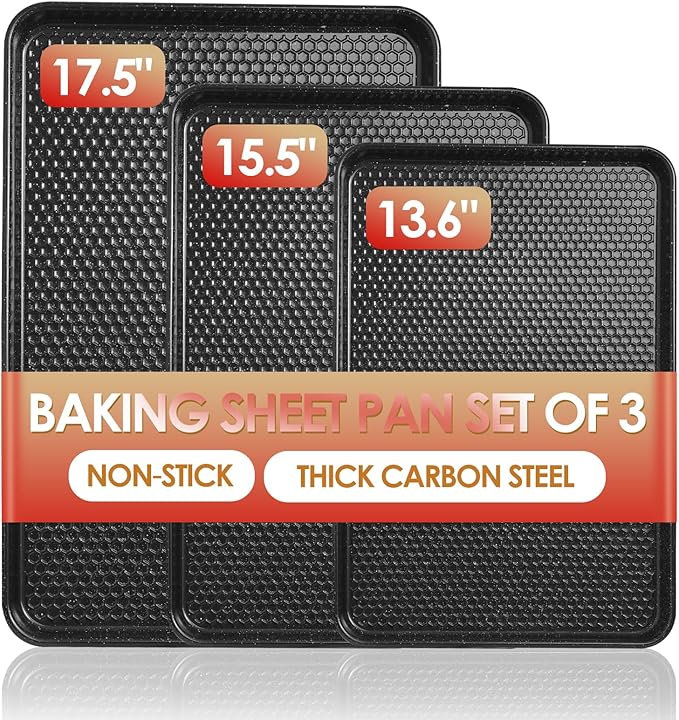 Baking Sheet Pan Set of 3, Nonstick Carbon Steel Cookie Sheets with Texture, Commercial Half/Quarter/Jelly Roll Pans Replacement Toaster Oven Tray, Heavy Duty & Easy Clean, Black