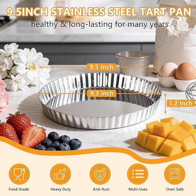 TeamFar Tart Pan, 9.5 Inch Stainless Steel Round Tart Pie Pan, Metal Quiche Baking Dish with Fluted Side for Baking Fruit Tarts, Quiches, Pies, Mousse Cakes, Heavy Duty & Dishwasher Safe