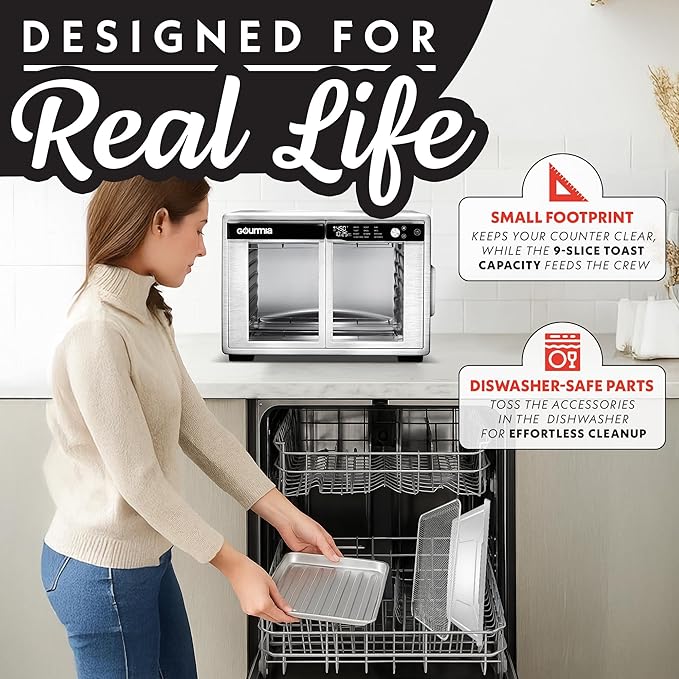 Gourmia French Door Air Fryer Oven - 37 Qt Large Capacity Convection Toaster Oven, FryForce 360°, Digital Display, 12 Cooking Presets, Dehydrate, Fits 13” Pizza, Dishwasher-Safe, Stainless Steel