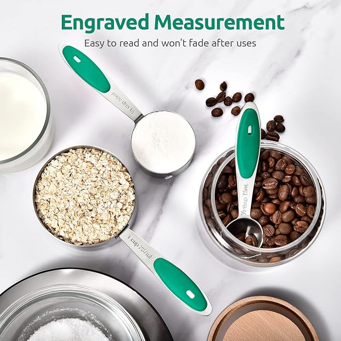 Measuring Cups and Spoons Set: U-Taste 18/8 Stainless Steel 10 Pieces Metal Stacking Kitchen Baking Cooking Food Measure Set 5 Cups 5 Spoons with Strengthened Weld Joints (Teal, Upgraded Version)