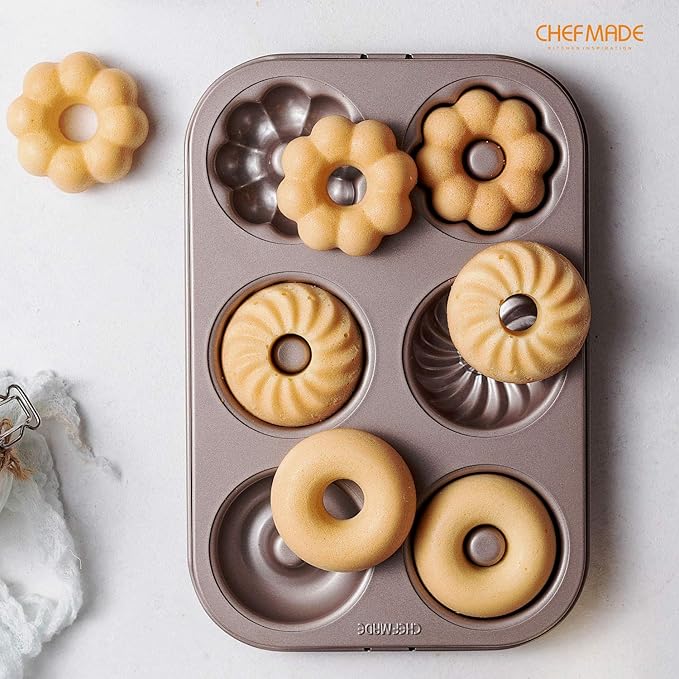 CHEFMADE Donut Mold Cake Pan, 6-Cavity Non-Stick Pattern Doughnut Bakeware for Oven Baking (Champagne Gold)