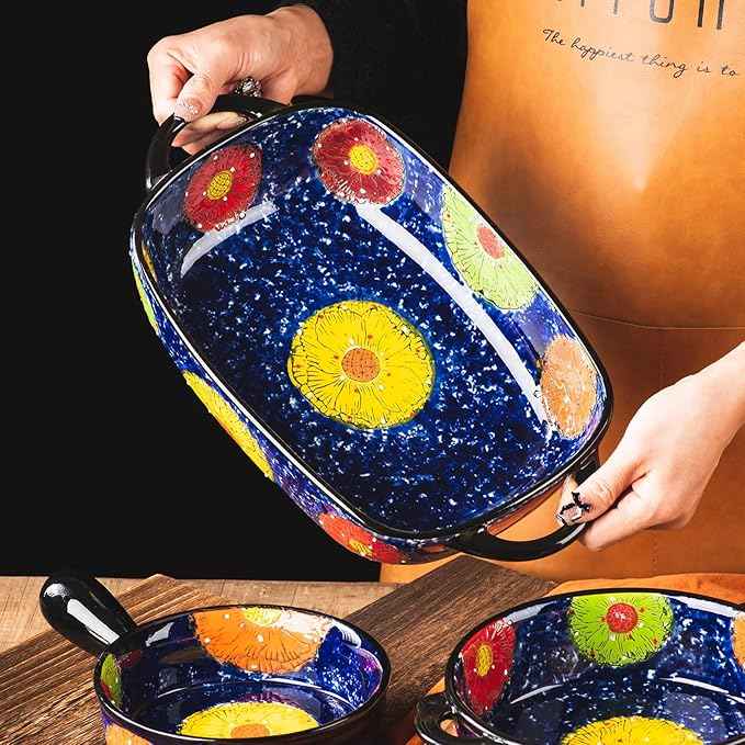 Retro pastoral style Ceramic Baking Dish Rectangular Bakeware Set Baking Pan, 2-piece Hand-painted Porcelain Baking pan with handle, Casserole Dish for Oven/Cooking/Kitchen (Van Impression)