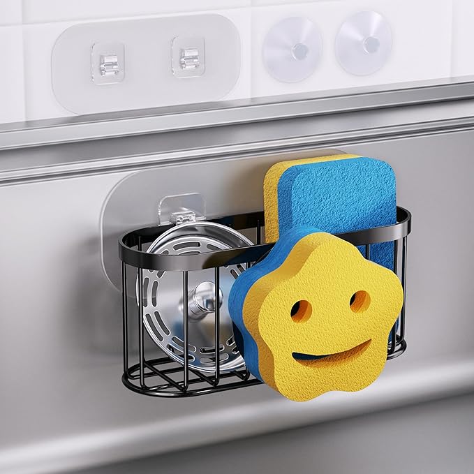 HapiRm Sink Caddy Sponge Holder - 2 Installation Ways Kitchen Sink Organizer with Smiley Face Sponge Holder, Stainless Steel Kitchen Caddy - Black