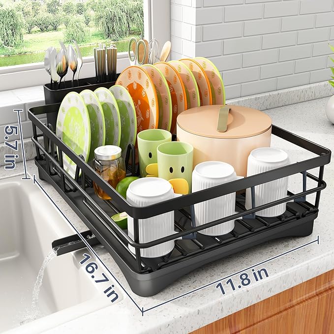 Dish Drying Rack - Rust Resistant Dish Drainer for Kitchen Counter with Drainboard & Rotating Spout, Large-Capacity Dish Rack with Removable Utensil Holder, Space-saving kitchen organizer, Black