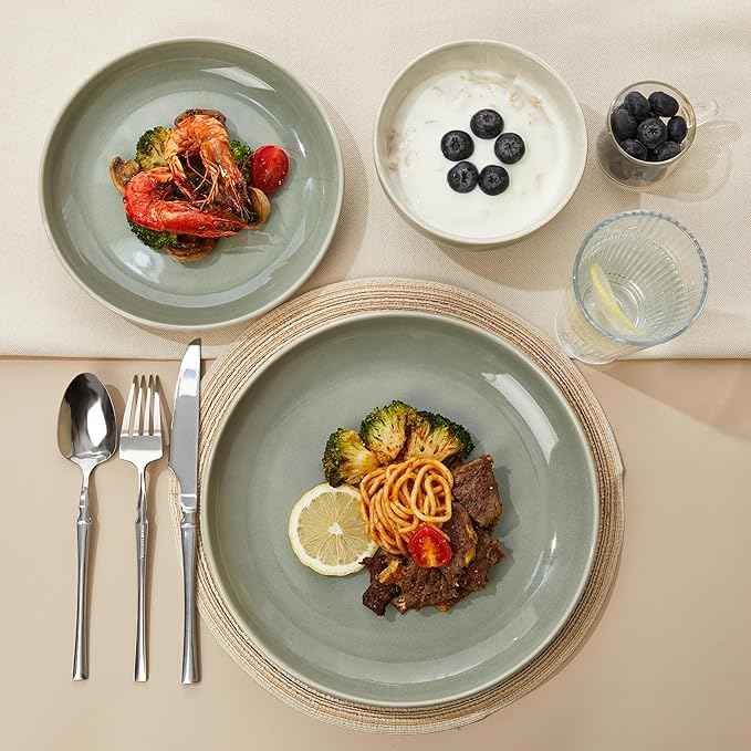 Plates and Bowls Sets for 8, 24 Piece Dinnerware Set for Large Families & Entertaining, Elegant Design, Dishwasher & Microwave Safe, Chip Resistant and Durable, Gray Green