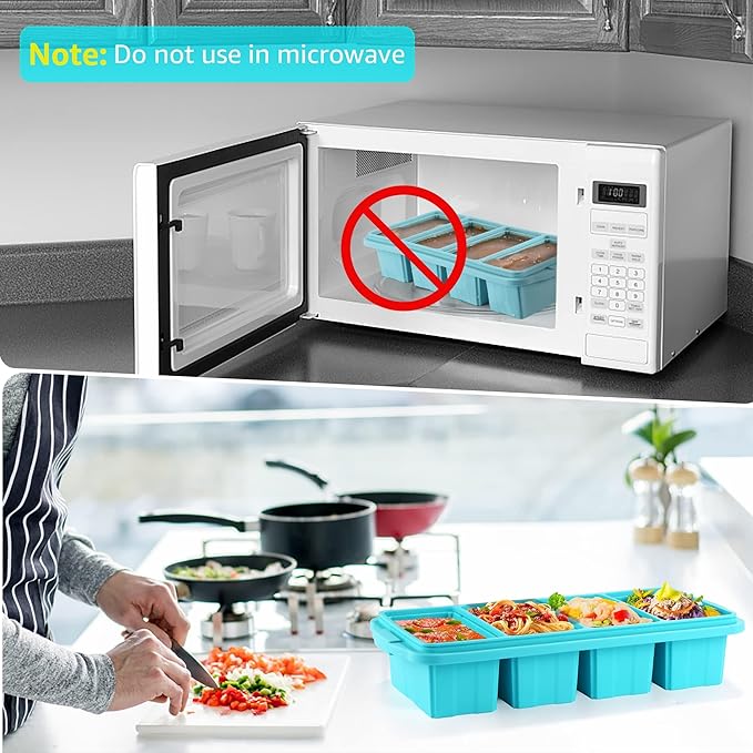 Ztomine Silicone Freezer Tray With Lid - Silicone Freezer Food Molds- Large Ice Cube Tray,4-Pack Silicone Freezer Container,Freeze & Store Soup, Sauce, Broth,Leftovers - Makes 4 Perfect 1 Cup