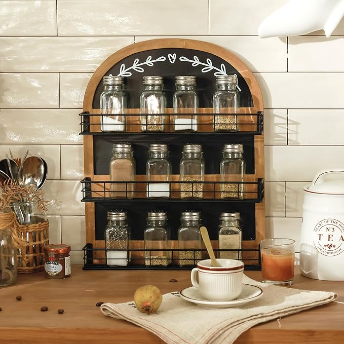 Wall Mount Spice Rack with Blackboard 3 Tier Wooden Spice Shelf Organizer for Kitchen or Pantry Space Saving Wall-mounted Spice Holder for 18 Jars, Black