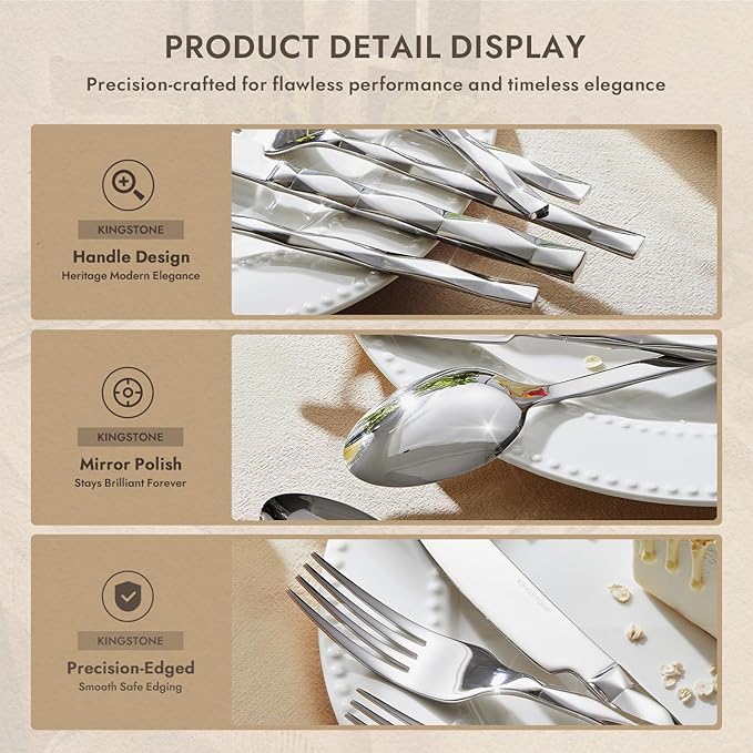 KINGSTONE Silverware Set, Luxury 5 Piece Flatware Set for 1, 18/10 Stainless Steel Cutlery Set with Diamond Cut Pattern for Kitchen, Home, Wedding, Party, Mirror Polished and Dishwasher Safe