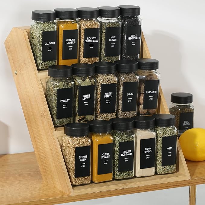 24 Glass Spice Jars with Labels, Spice Jar Set, 4oz Spice Containers, Seasoning Containers with Black Airtight Lids and Shaker Lids, Square Empty Spice Bottles, 492 Labels, 1 Funnel