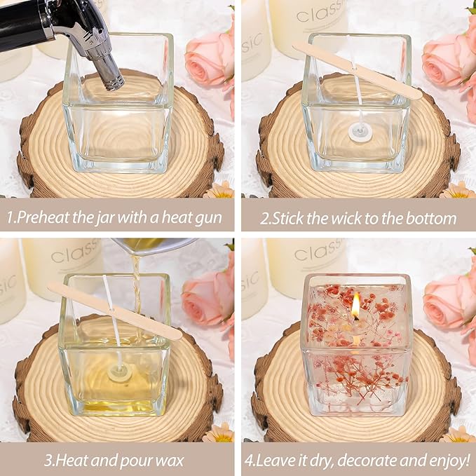 CONNOO 12 Pack 9 OZ Clear Square Candle Jars for Making Candles, Thick Glass Bulk Empty Candle Containers with Airtight Bamboo Lids for Candle Making, Sticky Warning Labels - Dishwasher Safe