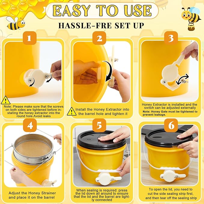 Threehoney 3 Pcs 2 Gallon Honey Bucket with Gate Honey Extractor Equipment Food Grade Bucket Food Safe Buckets with Lid for Beekeeping Supplies Extracting Storage(Yellow,Round Style)