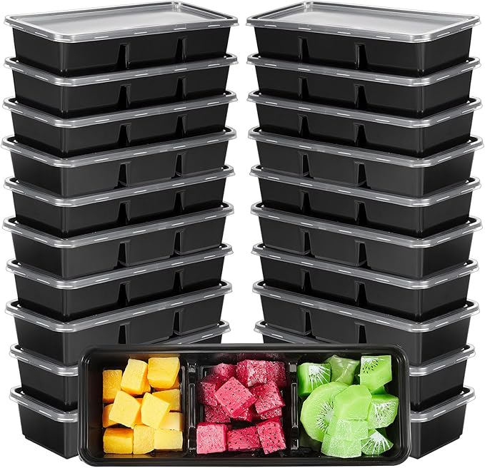 Hushee 75 Pack 17 oz Small Meal Prep Containers with 3 Compartments Snack Containers with Lid Disposable Plastic Bento Box Travel Lunch Food Boxes Stackable for Office Picnic (Black)