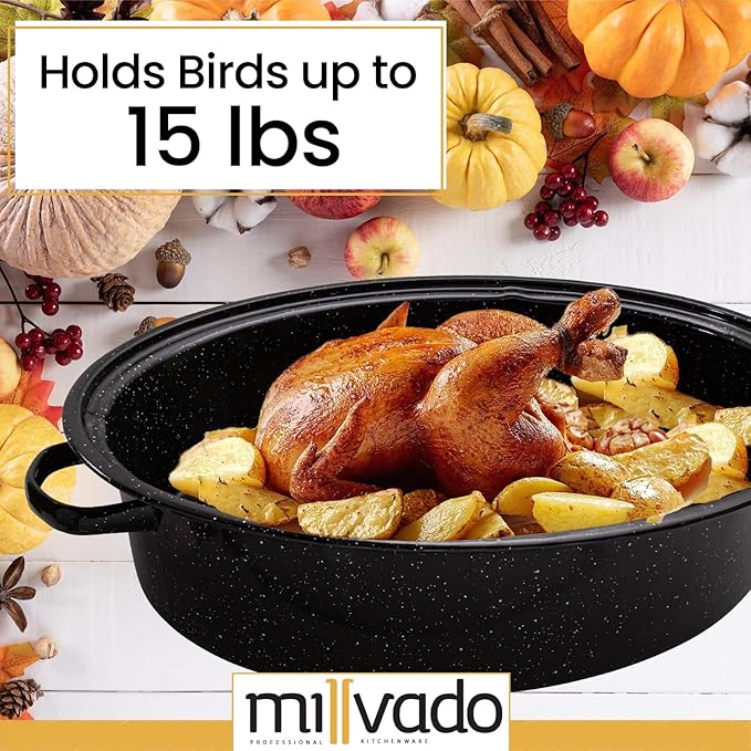 Millvado Roasting Pan With Lid, Turkey Roaster Pan, Extra Large 15 lb Capacity, 18" Granite Oven Roaster Oval Shaped Speckled Enamel on Steel Cookware