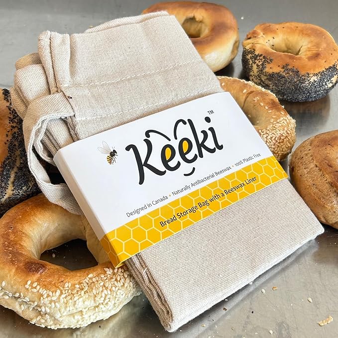 Keeki Bag - The Original Beeswax Lined Bread Bag for Homemade & Sourdough | Reusable Linen Bread Storage | Beeswax Wrap Alternative | Plastic-Free Storage w/Wide Drawstring Closure (Natural)