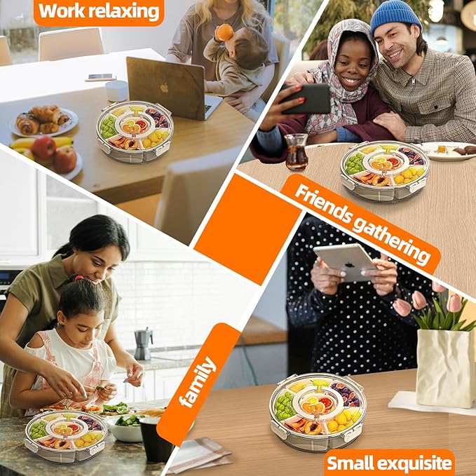 Small Divided Serving Tray with Lid and Handle, Stackable Snackle Box Container for Fruits Candy Organizer, Portable Spinning Rounded Veggie Tray for Kitchen, Party, Trave and Picnic-1 Pack
